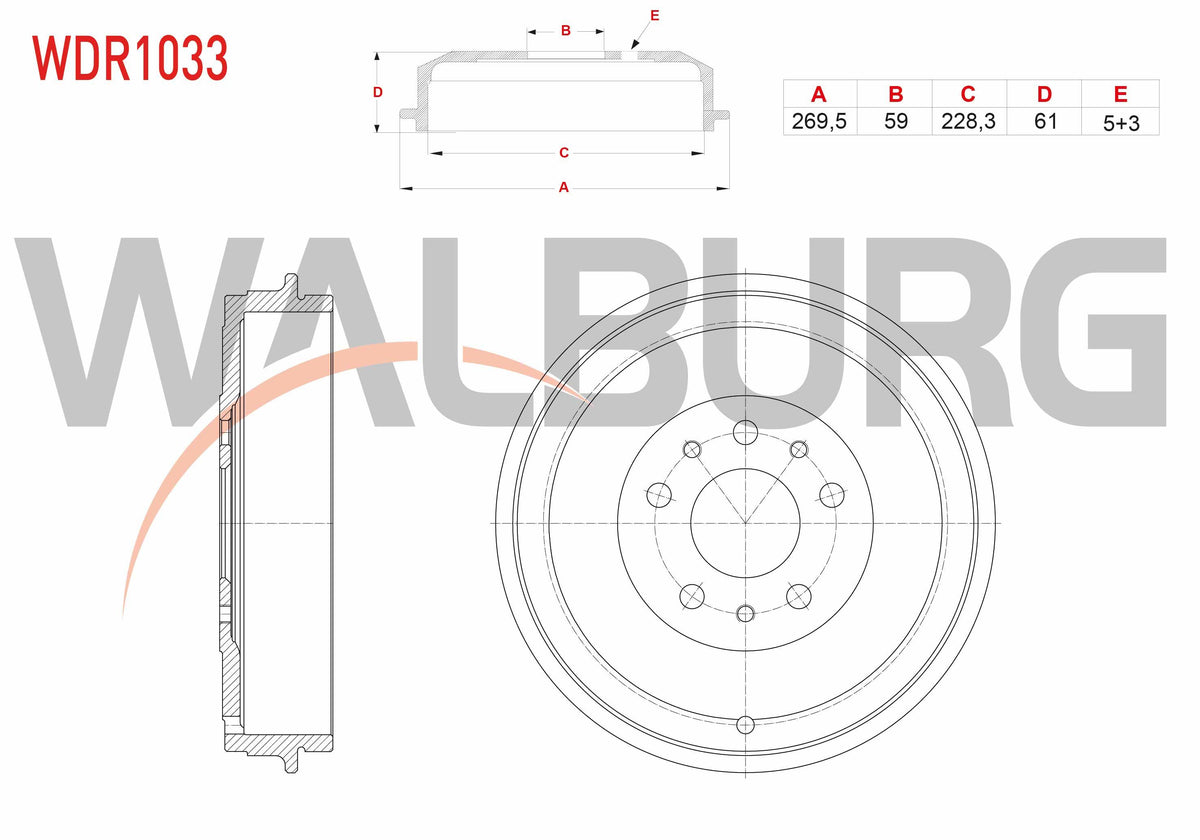 WALBURG WDR1033 Brake Drum Rear 5 Hole 269,5X59x228,3X61 Fiat Doblo 1.3 Mjt-1.6 Mjt 2010-/ Egea 1.3 Mjt 2015-/ Opel Combo 1.3 CDTi-1.6 CDTi 2012