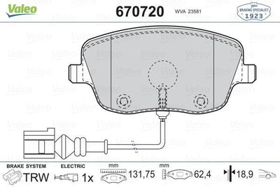 Valeo 670720 Front Brake Pad Polo 02-10 Fabia 00-10 Ibiza 02-05 Roomster 06-10 — Brake Pads