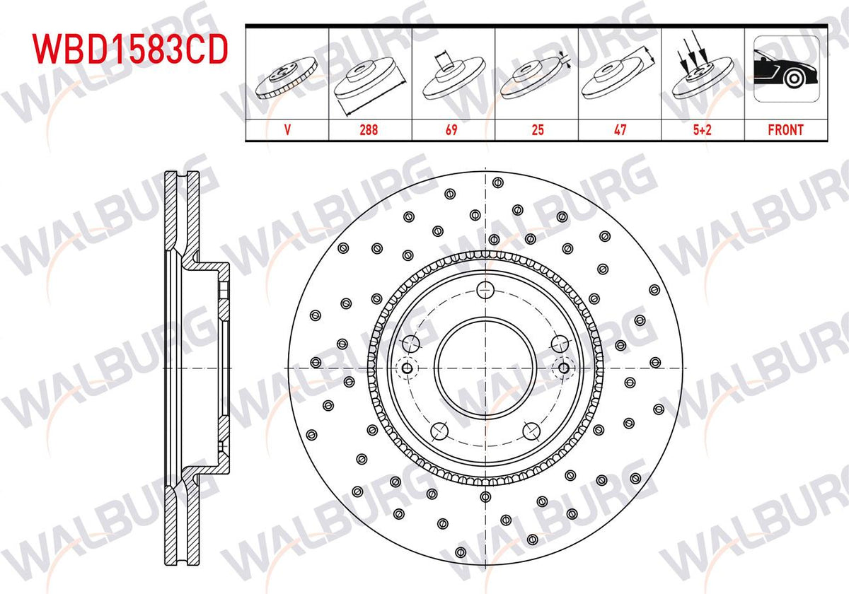 WALBURG WBD1583CD Brake Disc Front Air Coated Performance Drilled 5 Bjn 288X25x69x47 Hyundai i30 (Pde, Pd) 1.4 MPI-1.6 CRDi 2016-/ Kia Ceed 1.0 T-GDI-1.4 T-GDI-1.6 CRDi 2018-| Set of 2
