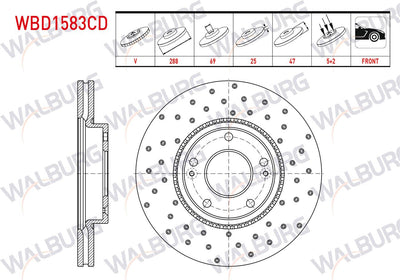 WALBURG WBD1583CD Brake Disc Front Air Coated Performance Drilled 5 Bjn 288X25x69x47 Hyundai i30 (Pde — Brake Rotors & Drums