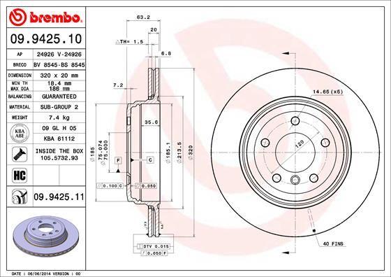 Brembo 09.9425.11 Brake Disc Rear Coated BMW E60/E61/E63/E64 520I/523I/525I/530I Set of 2 — Brake Rotors & Drums