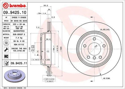 Brembo 09.9425.11 Brake Disc Rear Coated BMW E60/E61/E63/E64 520I/523I/525I/530I Set of 2 — Brake Rotors & Drums