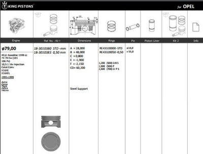 King 18-3010380 Piston + Piston Ring Opel Astra Corsa Tigra Zafira Vectra X16xe-X16xel Set of 4 — Pistons & Rotating
