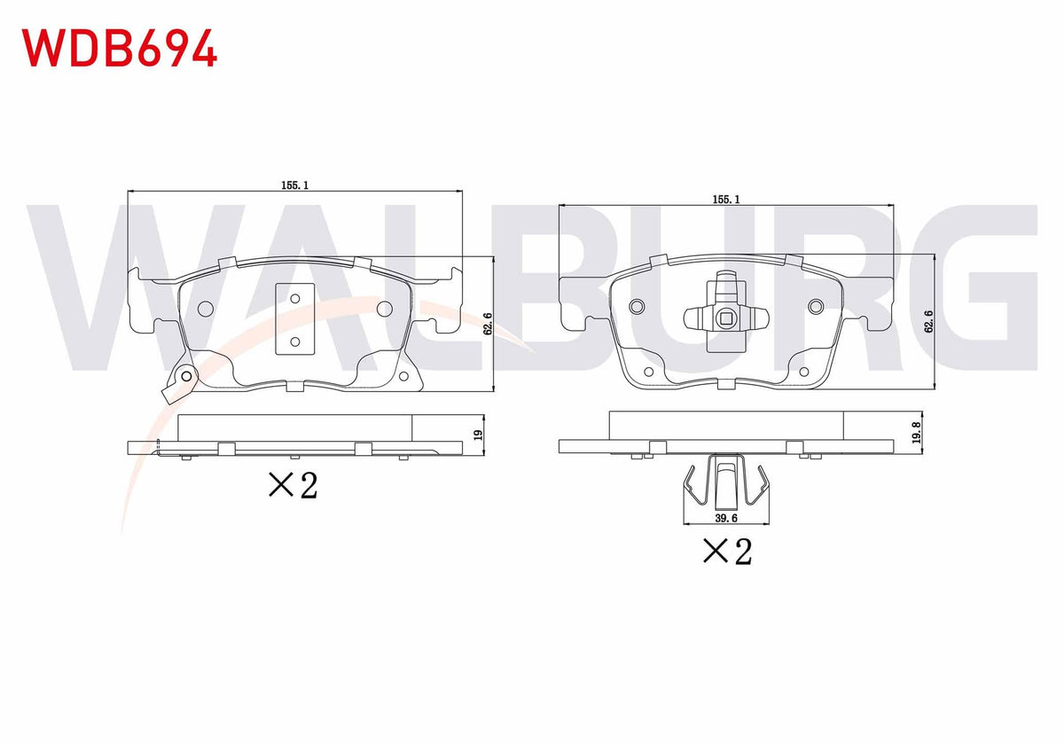 WALBURG WDB694 Brake Pad Front with Wear Indicator Opel Astra K 1.6 CDTi 16 Rim 2015-/ Astra K 1.4i Turbo 16 Rim 2015-/ Astra K 1.0i Turbo 16 Rim 2015