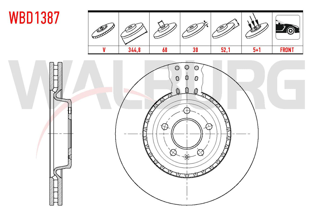 WALBURG WBD1387 Brake Disc Front Air 5 Bjn 344,8X30x68x52 — Brake Rotors & Drums