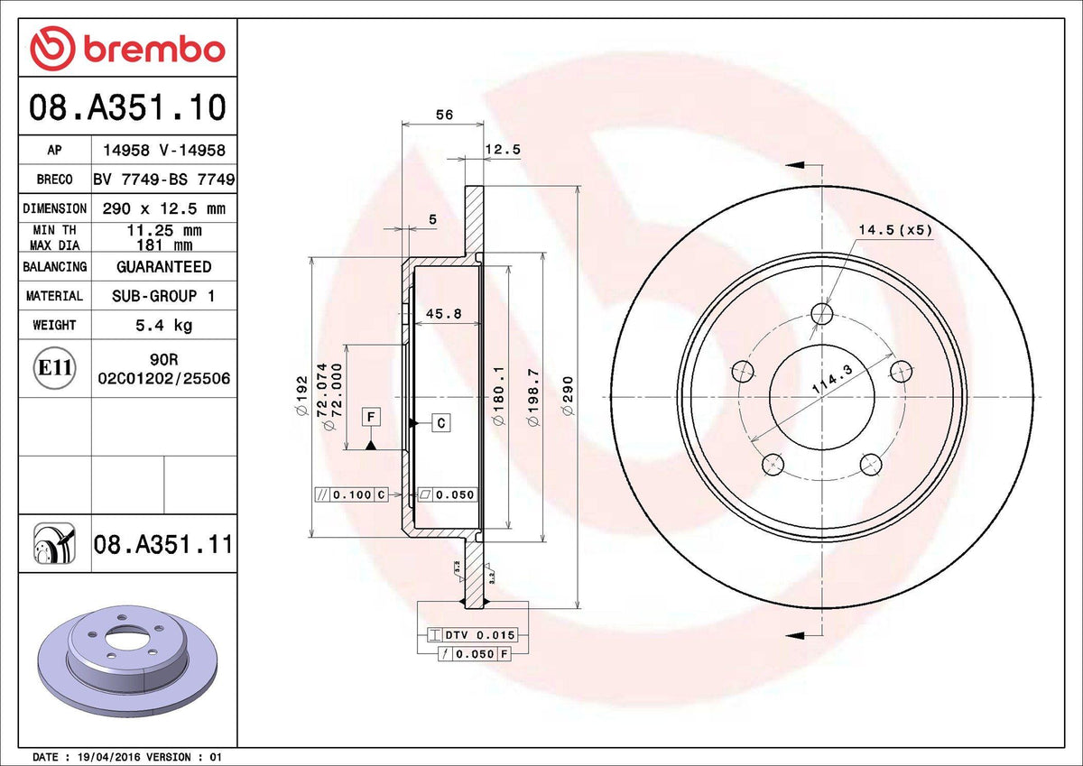 Brembo 08.A351.11 Brake Disc Rear UV Coated Chrysler — Brake Rotors & Drums