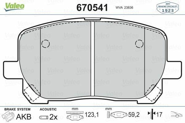 VALEO 670541 Front Brake Pad Set for 2002 Avensis 2.0 VVTi-D4D - AKEBONO System — Brake Pads