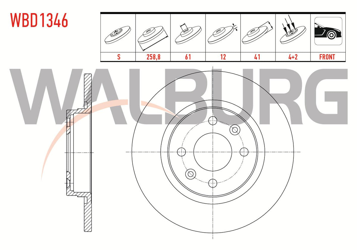 WALBURG WBD1346 Brake Disc Front Straight 4 Bjn 258,8X12x61x41 Dacia Logan (Ls) 1.5 dCi 2004-2012 / Lo — Brake Rotors & Drums