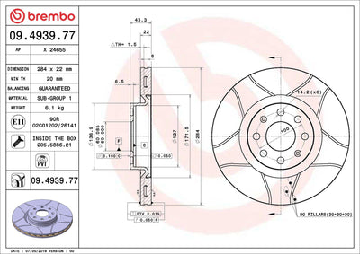 Brembo 09.4939.77 Brake Disc Front Air (Fiat Grande Punto 1.4T 1.3 JTD 1.9 JTD Opel Corsa D 1.3 CDTi) — Brake Rotors & Drums