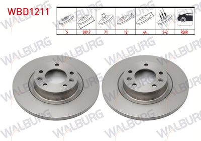 WALBURG WBD1211 Brake Disc Rear Straight 5 Bjn 289,7X12x71x44 508 1.6 2010-/ 508 1.6 E-HDi 2010-/ 508 — Brake Rotors & Drums