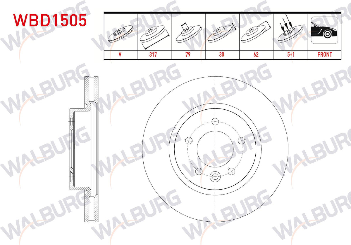 WALBURG WBD1505 Brake Disc Front Air Land Rover Discovery III (Taa) 2.7 V6 TDI 5 Bjn 317X30x79x62 2004 — Brake Rotors & Drums