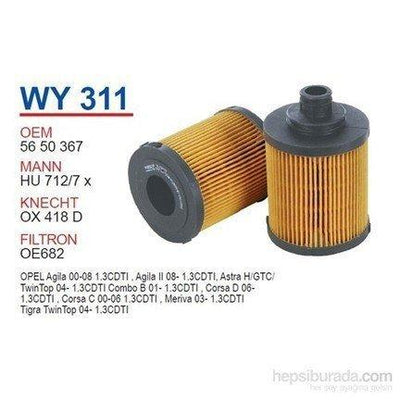 Wunder WY311 Opel Astra H /Combo C 1.3 Diesel UFİ Type Oil Filter — Oil Filters
