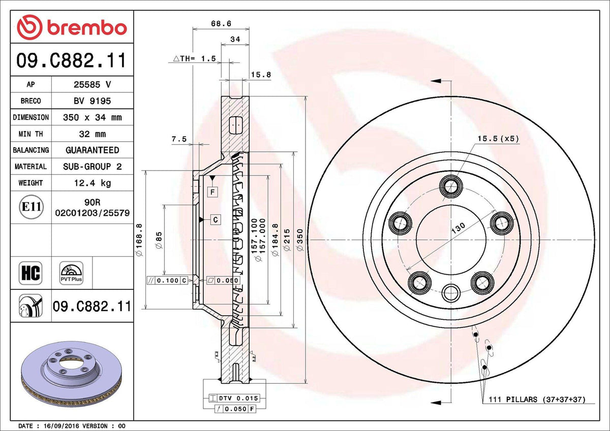 Brembo 09.C882.11 Front Brake Disc VW Touareg 03-10 Audi Q7 07-15 Porsche Cayenne 03-18 350mm Set