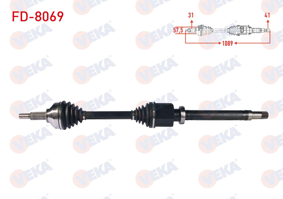 Veka FD-8069 Complete Axle Right Front Length 1089mm Ford Transit Custom (V362) Long Chassis 2.2 TDCi-2.0 TDCi 2012