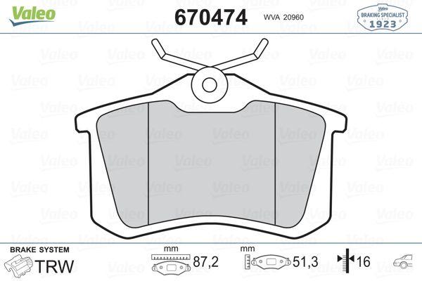 Valeo 670474 Brake Pad Rear Renault Megane II / Scenic / Fluence / Peugeot 307 / Citroen C3/C4 / VW Golf/Passat — Brake Pads