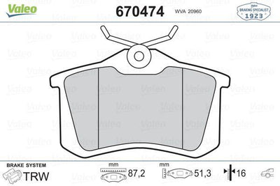 Valeo 670474 Brake Pad Rear Renault Megane II / Scenic / Fluence / Peugeot 307 / Citroen C3/C4 / VW Golf/Passat — Brake Pads