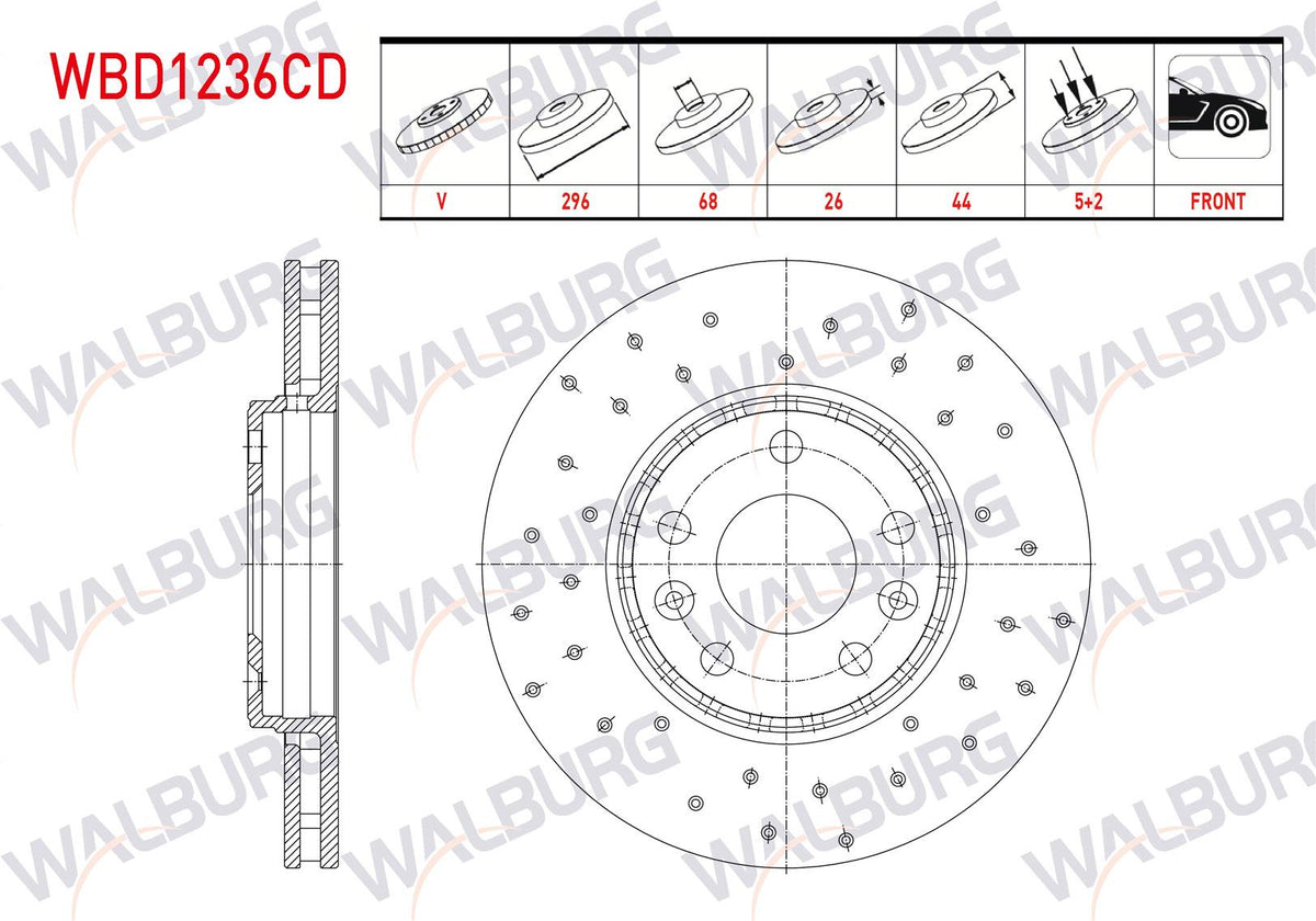 WALBURG WBD1236CD Brake Disc Front Air Coated Performance Drilled 5 Bjn 296X26x68x44 Renault Laguna II — Brake Rotors & Drums