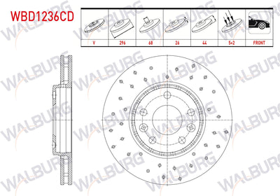 WALBURG WBD1236CD Brake Disc Front Air Coated Performance Drilled 5 Bjn 296X26x68x44 Renault Laguna II — Brake Rotors & Drums