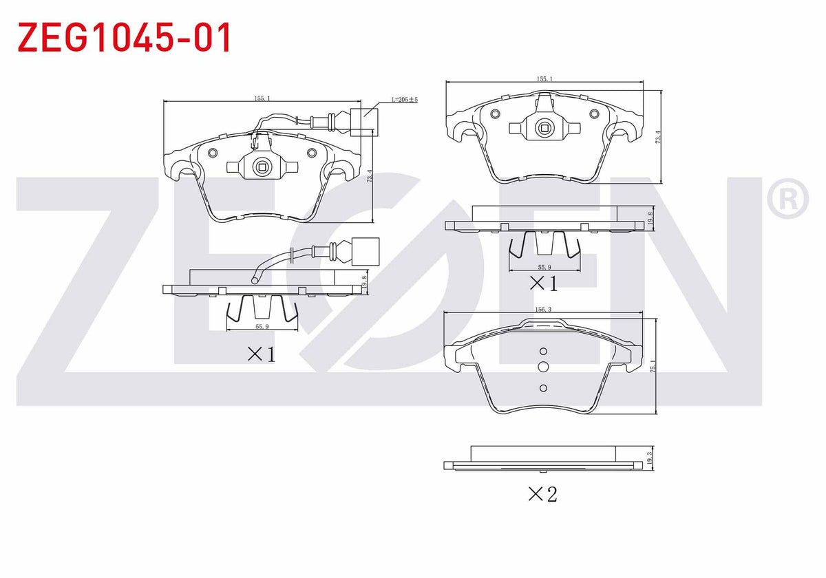 Zegen ZEG1045-01 Brake Pad Front with Connector Volkswagen Transporter V 1.9 TDI 2003-2011 / Transporter V 2.5 T — Brake Pads