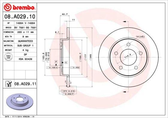 Brembo 08.A029.10 Brake Disc Pro Mazda 3 1.3 / 1.6 / 2.0 03-14 Rear 265 mm Set