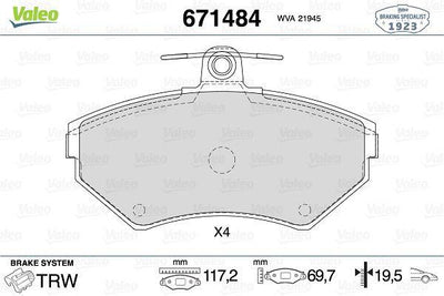 Valeo 671484 Brake Pad Front 119mm VW Passat Golf III Polo Caddy II Seat Cordoba Ibiza Toledo 95-00 — Brake Pads