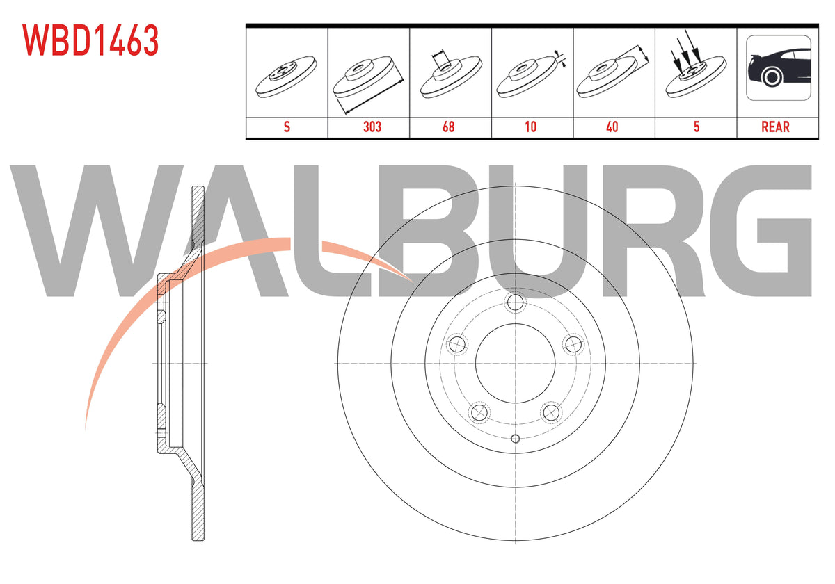WALBURG WBD1463 Brake Disc Rear Straight 5 Bjn 303X10x68x39 — Brake Rotors & Drums