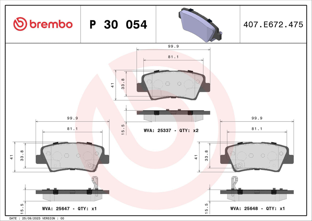Brembo P30054 Brake Pad Rear Low-Met Hyundai