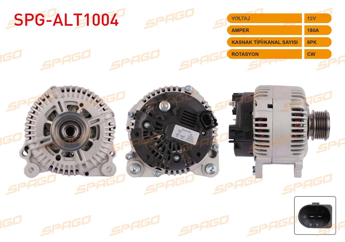 SPAGO SPG-ALT1004 Alternator (V Type) 12V 180A 6Pk (Alt8600) Transporter T5 T6-Crafter 06-16-Caddy 15-2 — Starting & Charging