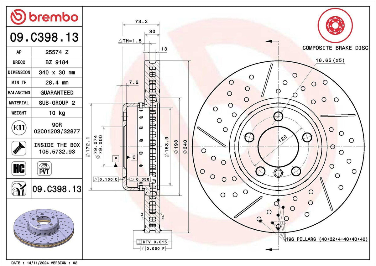 Brembo 09C39813 Brake Disc Front BMW F20 F21 F22 F23 F30 F31 F34 F32 F33 F36 M Performance — Brake Rotors & Drums