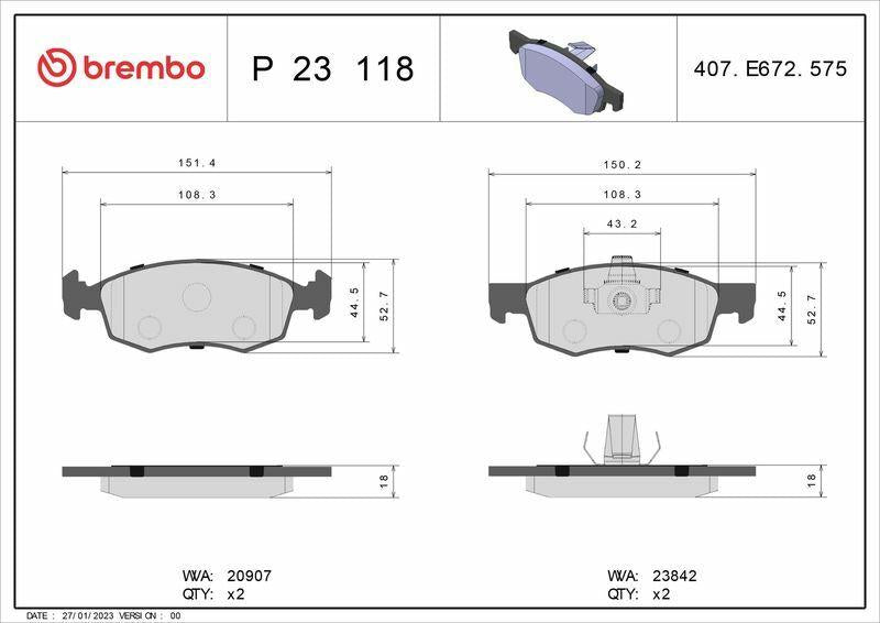 BREMBO P23118 Brake Pads - Front for Fiat Doblo 1.9Jtd