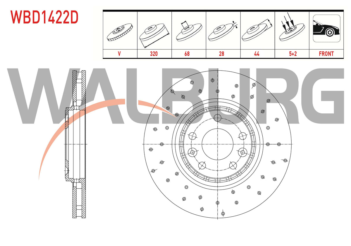 WALBURG WBD1422D Brake Disc Front Air Performance Drilled 5 Bjn 320X28x68x44 Renault Megane IV (B9a / M_) 1.6 dCi 2016-/ Clio IV 1.6 2012-/ Laguna III 2.0 dCi 2007-/ Laguna III 2.0i 16V 2007-