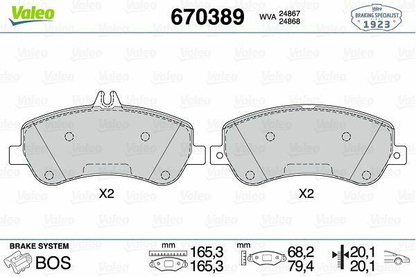 valeo 670389 front brake pad set, technical specifications of valeo brake pads, installation view of valeo brake pads VALEO 670389 Front Brake Pad Set for 10-GLK Series (X204) - Quality Brake Component for Car Owners & Mechanics | 2.55 kg VALEO 670389 Front Brake Pad Set for 10-GLK Series valeo, brake-pads, front-brake-pad-set, 10-glk-series, car-parts, vehicle-safety, mechanics, auto-repair, brake-components, ai-generated