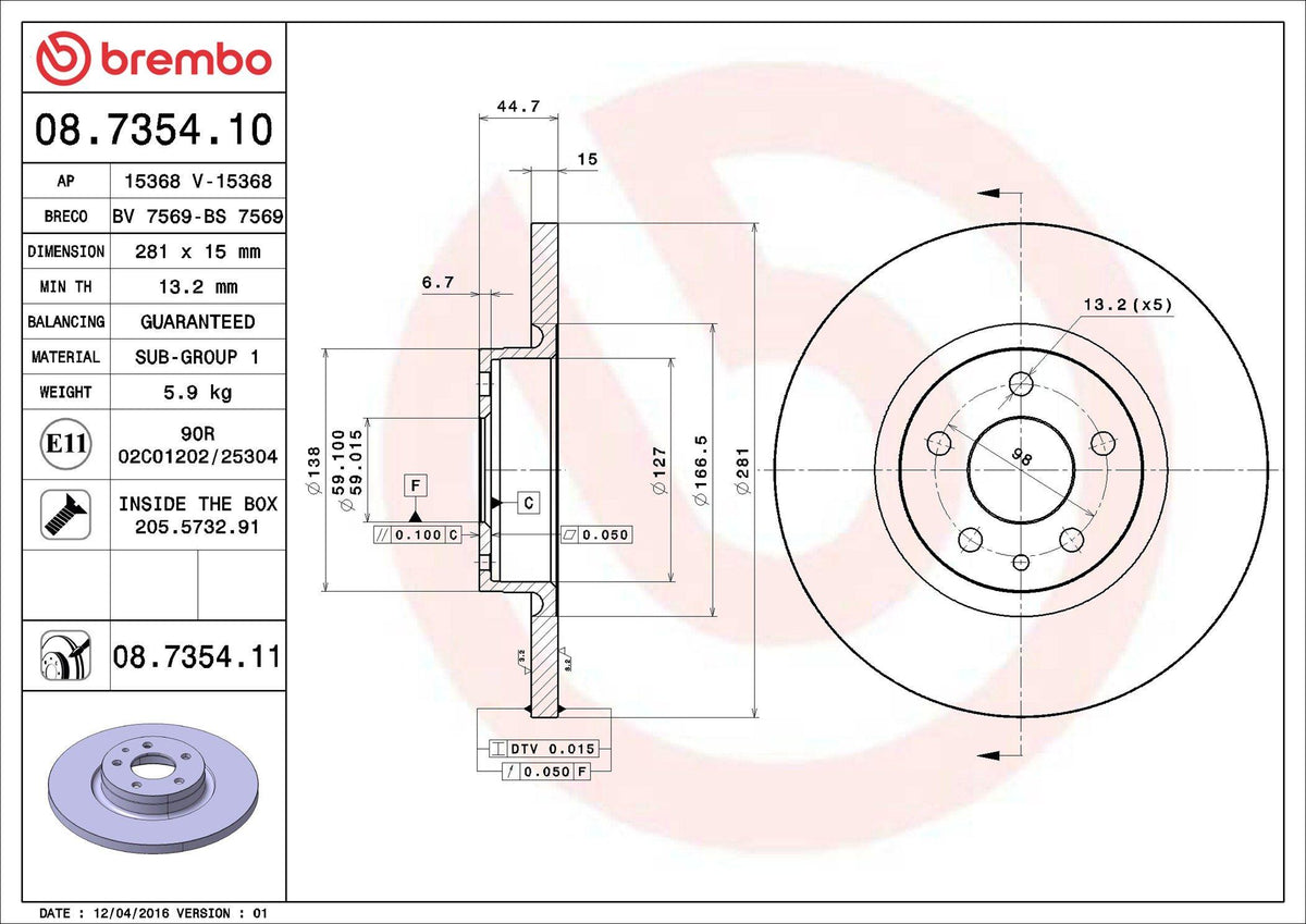 Brembo 08.7354.11 Front Brake Disc Air Alfa Romeo 147/156 1.6/1.8/1.9 — Brake Rotors & Drums