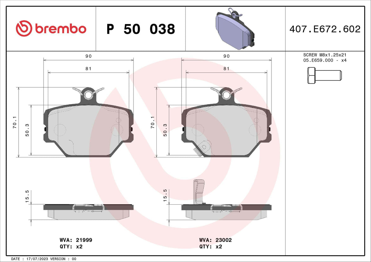 Brembo P50038 Brake Pad Front W450 / W451