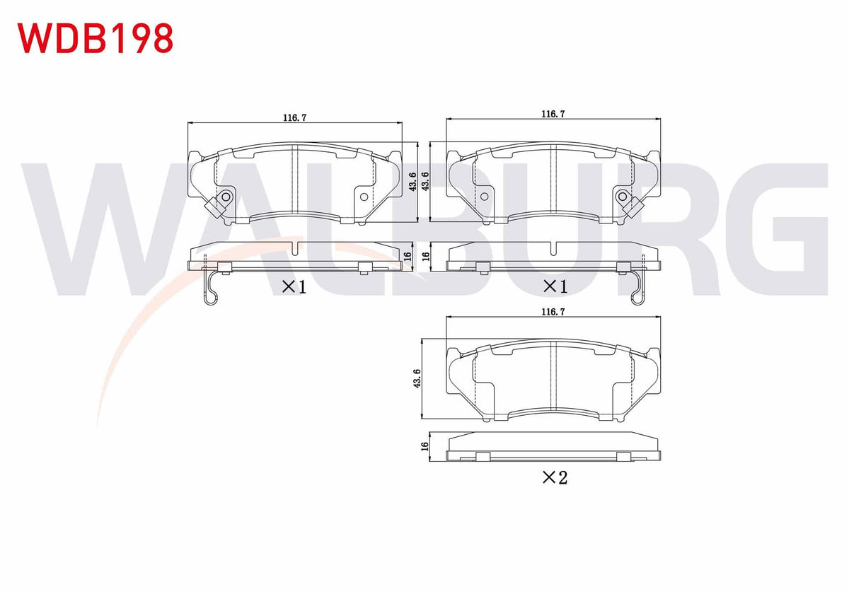 WALBURG WDB198 Brake Pad Front with Wear Indicator Suzuki Vitara (Et,Ta) 1.6i 16V 1988-1999 / Vitara (Et,Ta) 1.9 D 1988-1999 / G.Vitara I 2.0 TDI 1998-2003 / 2.0i 1998-2003 / 1.6i 1998-2003 / 2.5 V6 1998-