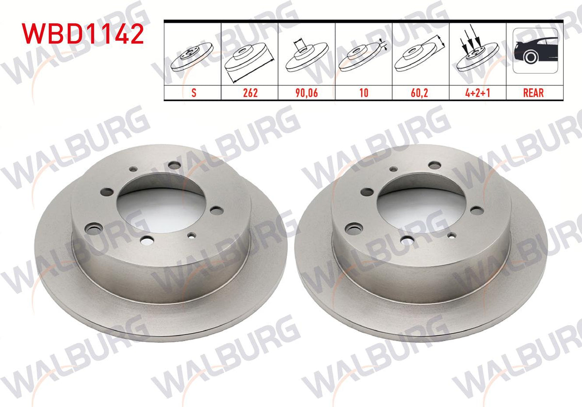 WALBURG WBD1142 Brake Disc Rear Straight 4 Bjn 262X10x90,06X60,2 Mitsubishi Lancer VII (Csa) 1.3 2003-2007 / Lancer VII (Csa) 1.6 4 2003-2007 | Set of 2