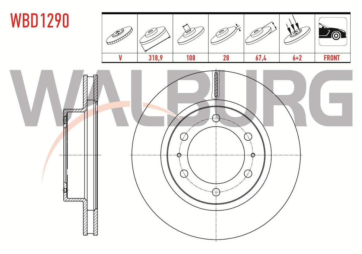 WALBURG WBD1290 Brake Disc Front Air 6 Bjn 319X28x108x67,5 Toyota HI-Lux VIII Revo Pick Up (Gun1_ — Brake Rotors & Drums