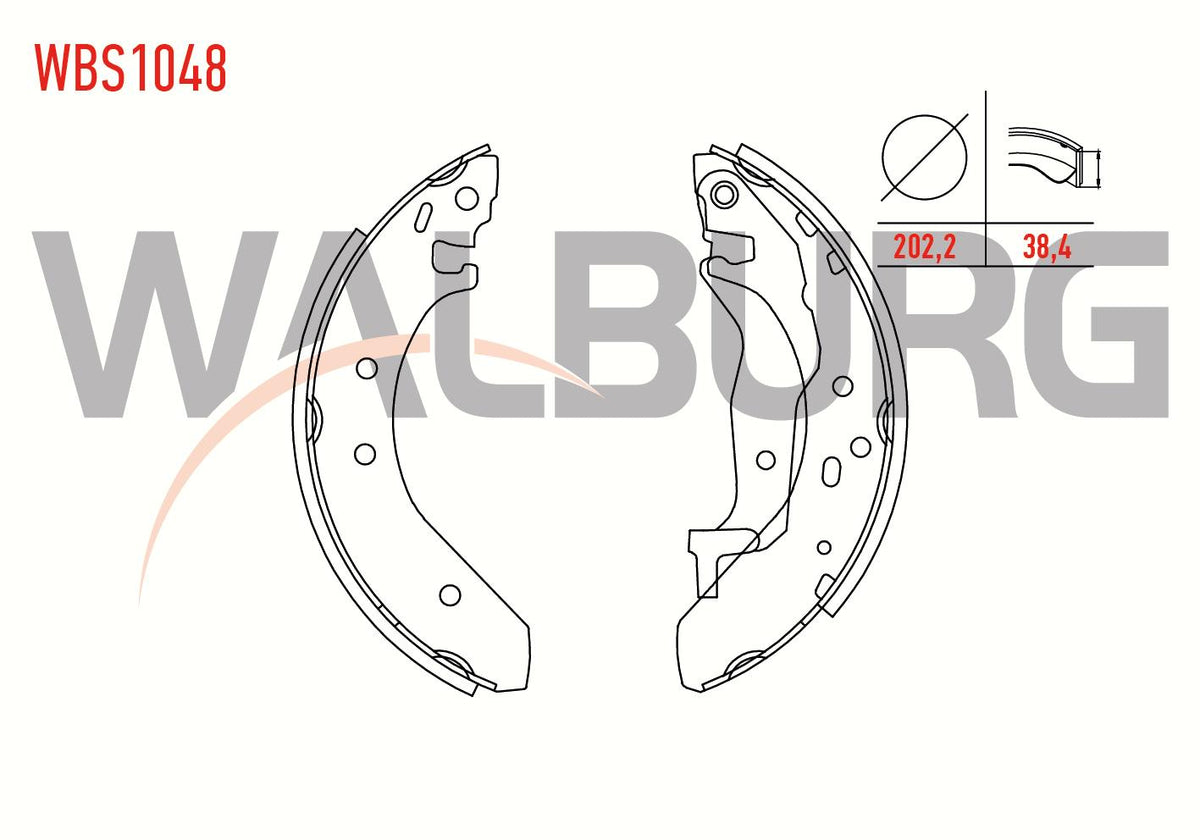 WALBURG WBS1048 Brake Shoe Rear Honda Civic VI 1.4i with Lever 202,2X38,4 mm 1995-2001 / Civic VI 1.6 Ivtec 1995-2001 / Rover 200 1.4i 1995-2000 / 200 1.4i 1995-2000 / 400 414 SI 1.4i 19
