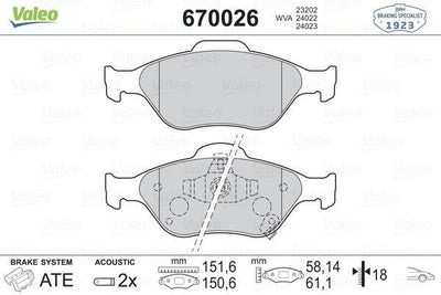Valeo 670026 Brake Pad Front Yaris 06-11 1.0-1.3Vvti *D4d* — Brake Pads