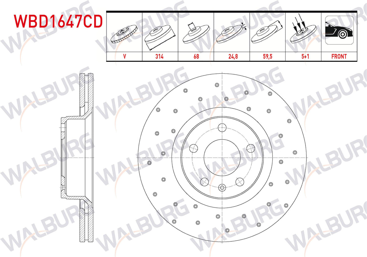 WALBURG WBD1647CD Brake Disc Front Air Coated Performance Drilled 5 Bjn 314X24,8X68x59 — Brake Rotors & Drums