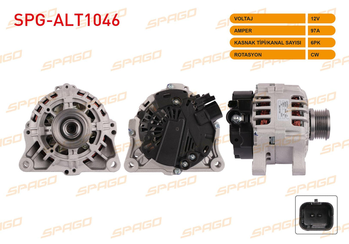 SPAGO SPG-ALT1046 Alternator 12V 97A 6Pk Ducato 01-06 / Boxer 01-06 / Jumper 01-06 (2.0 2.2 Diesel Vehicles for)