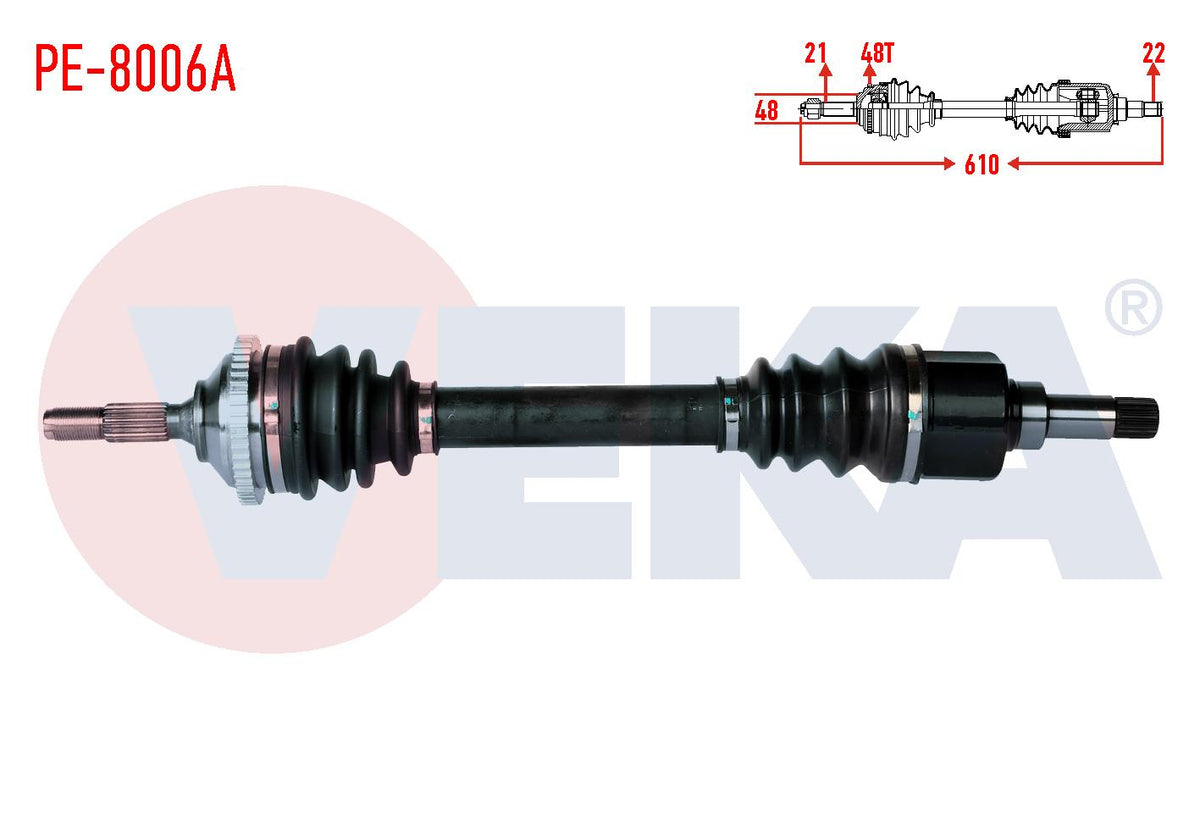 Veka PE-8006A Complete Axle Left Front Peugeot 206 (2A / C) 1.4 HDi ABS li 48 Outer Length 610mm 1 — Axles, CV Joints & Boots