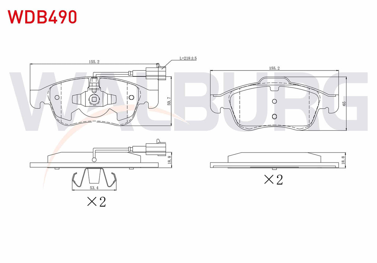 WALBURG WDB490 Brake Pad Front Pair with Connector Alfa Romeo Giulietta (940) 1.4 Tb 2010-/ Giulietta (940) 1.6 — Brake Pads