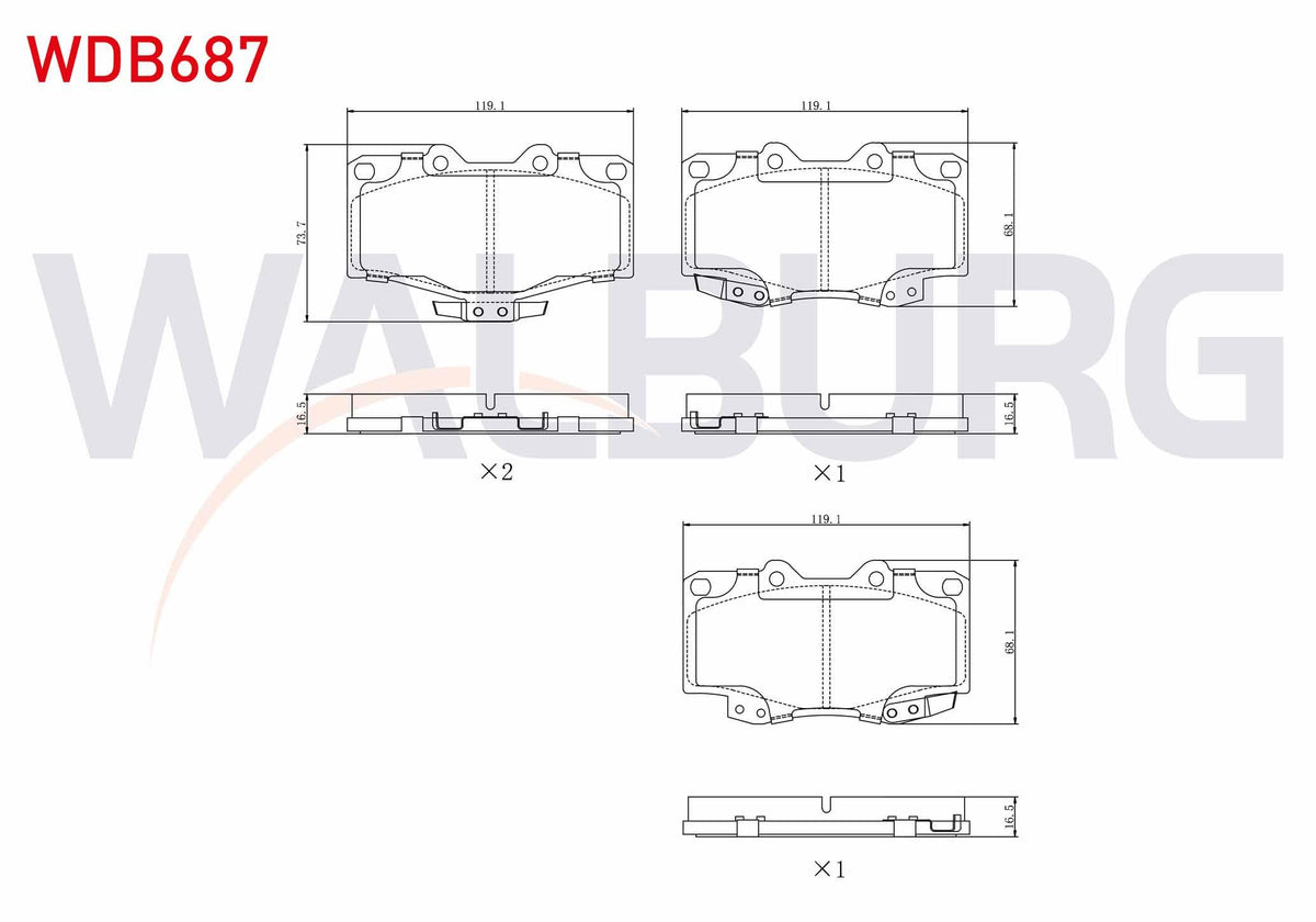 WALBURG WDB687 Brake Pad Front Toyota HI-Lux Pick Up (_N_) 2.4 D 1983-2005 / HI-Lux Pick Up (_N_) 2.5 D 1983-200 — Brake Pads