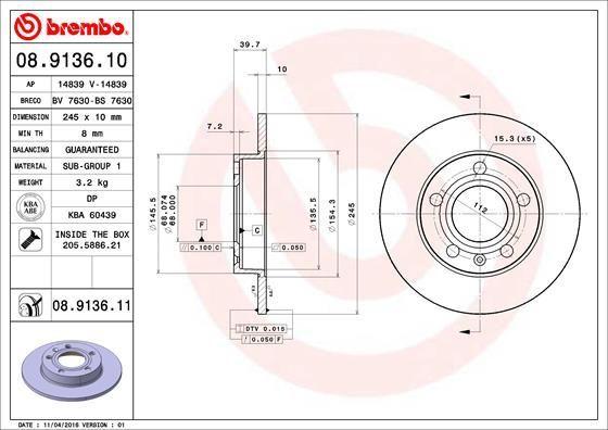 brembo rear brake disc for audi a4 and seat exeo, brembo 08.9136.10 solid brake disc specifications Brembo Rear Brake Disc - High Performance for Audi A4 (2001-2008) & Seat Exeo (2009-2014) | Set of 2 Brembo Rear Brake Disc Audi A4 | Exeo 2001-2014 brembo, brake-disc, rear-brake-disk, audi, seat, car-parts, automotive, high-performance, disc-brake, ai-generated