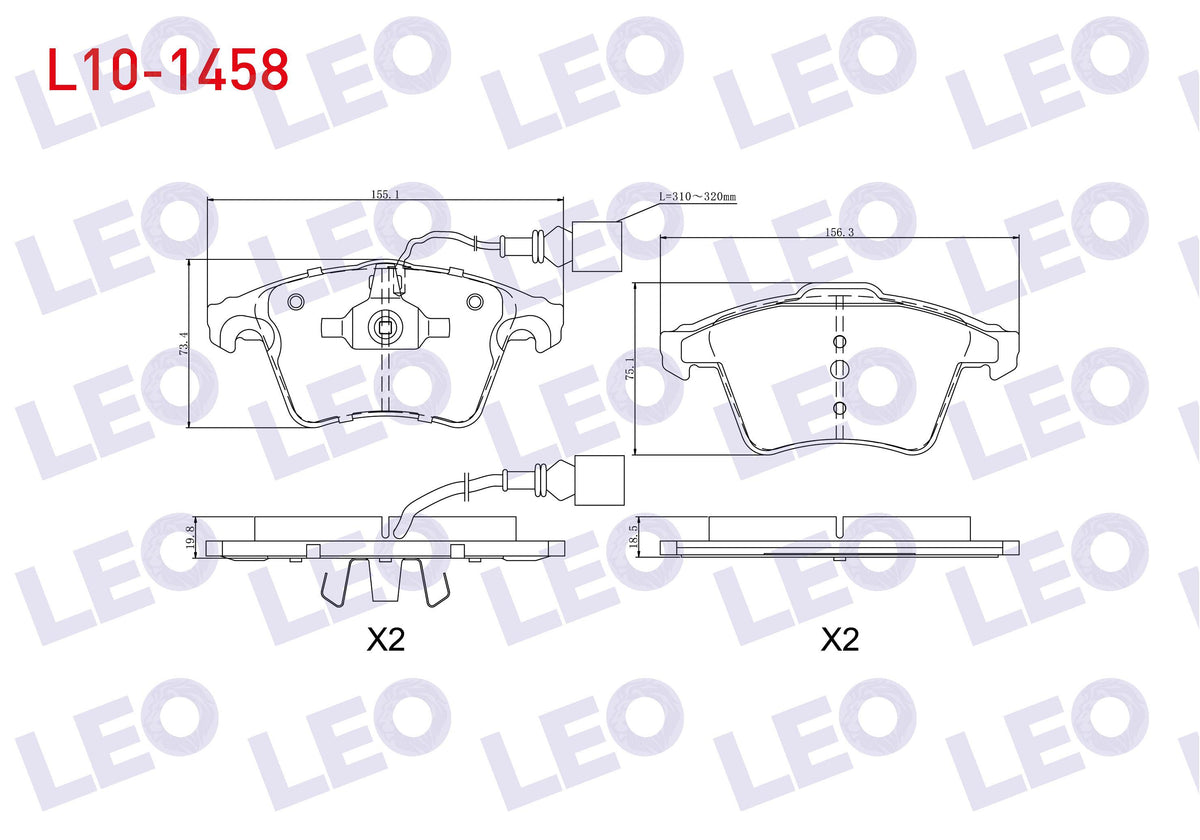 LEO L10-1458 Brake Pad Front with Connector Volkswagen Touareg 3.2i V6 2002-2010 / Touareg 2.5 R5 TDI 2002-2010 — Brake Pads