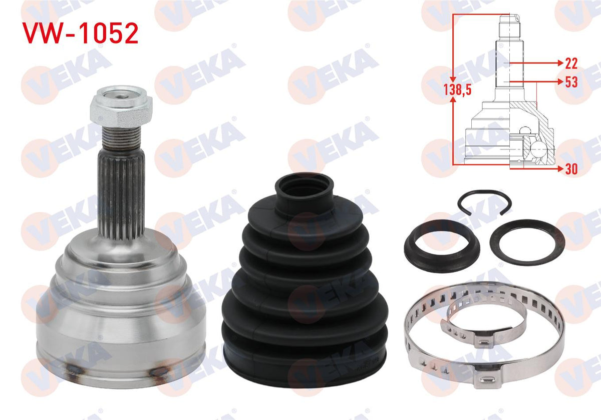 Veka VW-1052 CV Joint Left-Right Front Outer Volkswagen Polo (6N2) 1.4 TDI 22X30x53 Length 138.50m — Axles, CV Joints & Boots