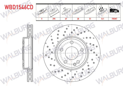 WALBURG WBD1546CD Brake Disc Front Air Coated Performance Drilled 5 Bjn 295X28x67x51 Mercedes A Series — Brake Rotors & Drums