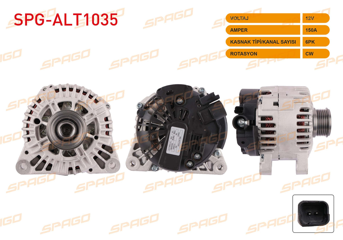 SPAGO SPG-ALT1035 Alternator (V Type) 12V 150A 6Pk (Alt8722) Partner Expert Boxer / Berlingo Jumpy Jump — Starting & Charging