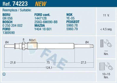 FAE 74223 Glow 11V Spark Plug C1/C2/C3/Xsara II/P107/P206/P307/P407/Partner II/C4/C5/Berlingo/Fiesta IV/Focus II C-Max 1.4-1.6 TDCi